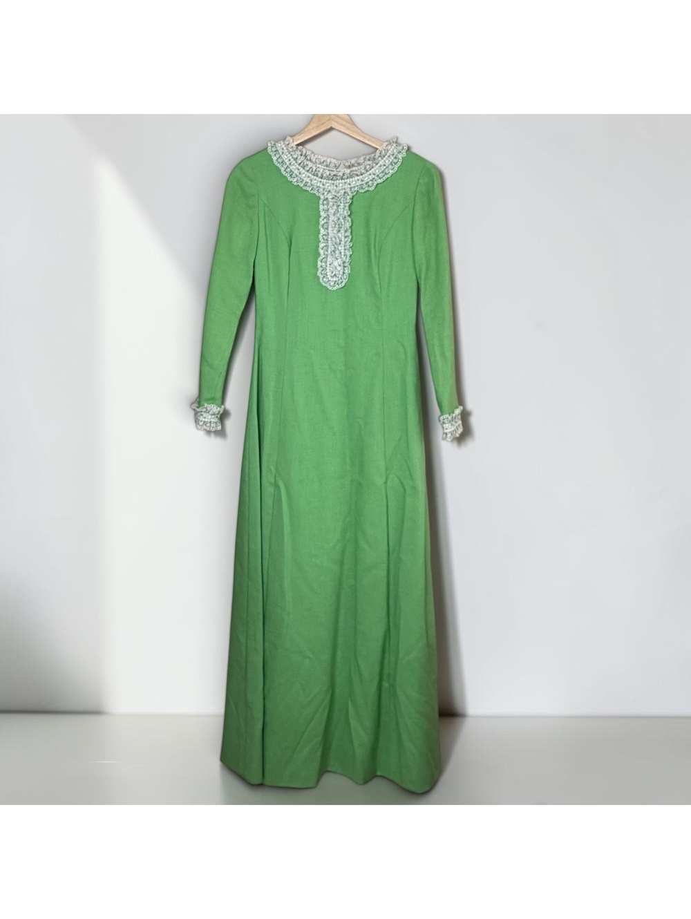 70s Green Prairie Maxi Dress Lace Trim Mod Cottagecore